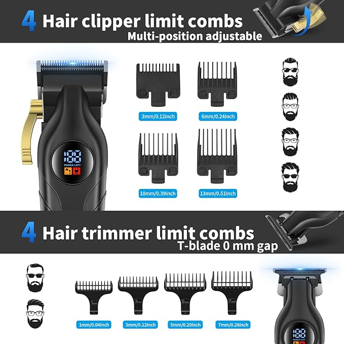 HIENA PRO Hair Clippers for Men Professional, Cordless Barber Clipper T-Blade Beard/Hair Trimmer Foil Shaver Full Barber Set, Electric Men's Hair Cutting Kit with LED Display and 8 Guide Combs