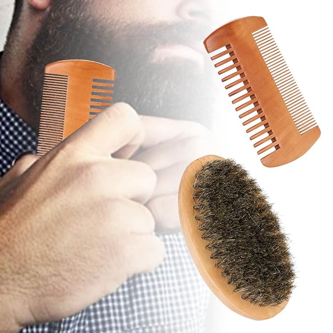 Beard Comb and Beard Brush Set for Men,Beardmustache Combs Boar Brush Shaving Cleaning Grooming Kit for Grooming Mustaches Facial Hair