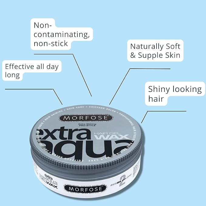 Morfose Extra Aqua Hair Gel Wax with Shiny and Flexible Level 2 Hold, Manage Flyaways, Braids, and Curls, Professional Hair Styling for Women and Men, Chewing Gum Scent, 5.92 fl. oz