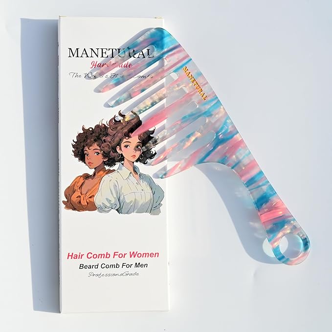D1 | Wide Tooth Handle comb for Curly Hair| Elevates, Preserves Curl, Eliminates frizz| Acetate comb(Blue Pink)