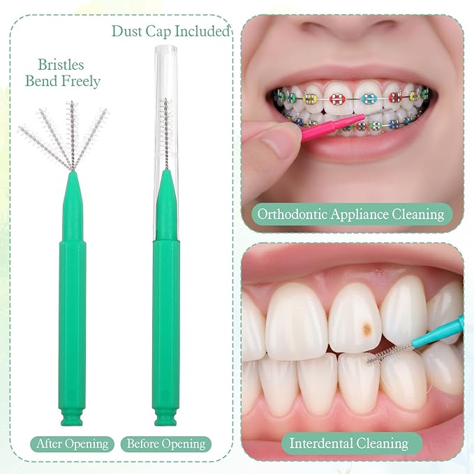 100 Pcs Interdental Brushes Braces Brush for Cleaner Dental Cleaning Tools Soft Tooth Floss Picks for Braces Bridges Care, Portable Bendable Heads