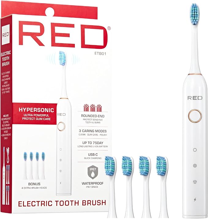 Red by Kiss Hypersonic Ultra Powerful Electric Toothbrush – 3 Cleaning Modes, Gum Care Protection, 75-Day Battery, USB-C Fast Charging, Waterproof IP67 with Extra Brush Head Set (White)