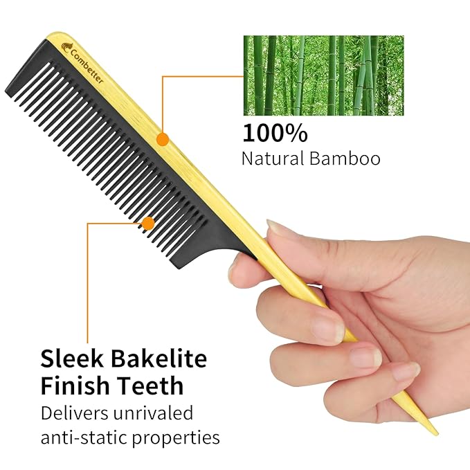 Bamboo Rat Tail Comb – Fine Tooth Hair Comb for Styling, Sectioning & Braiding, Anti-Static & Anti-Frizz, Eco-Friendly & Bakelite Durable Teasing & Parting Comb for Women, Men, Kid
