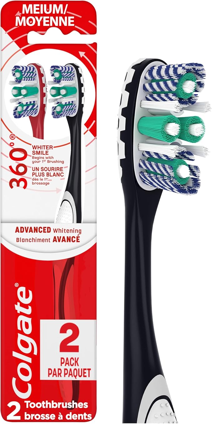 Colgate 360 Optic White Advanced Whitening Toothbrush, Adult Medium Toothbrush with Whitening Cups, Helps Whiten Teeth and Removes Odor Causing Bacteria, 2 Pack