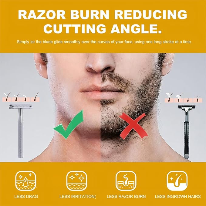 Double Edge Razor, Safety Razor With 10 Premium Stainless Steel Reusable Blades And a Beard Bib,Transparent Packaging Box Single Blade Razors For Men and Women, Smooth Shave Experience,Silver
