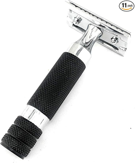 GBS Black Heavy Duty Short Handle Safety Razor - Design Very Tight Tolerances! Chrome Blue Construction, Diamond Pattern, 3 Piece Closed Tooth Design, Comes with Free 10 Blades