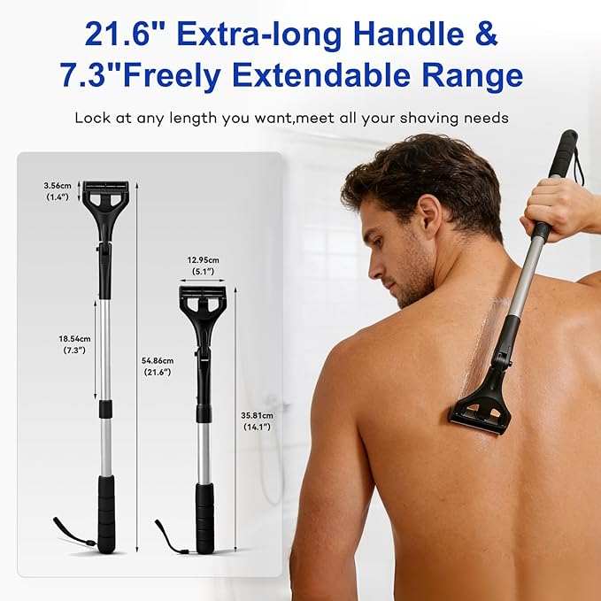 Retractable Back Shaver for Men: 180° Foldable Head Hair Shaver,Double Sharp Blades & Ergonomic Handle, Wet or Dry Back & Body Hair Removal,Silver(3PCS Blades Included)