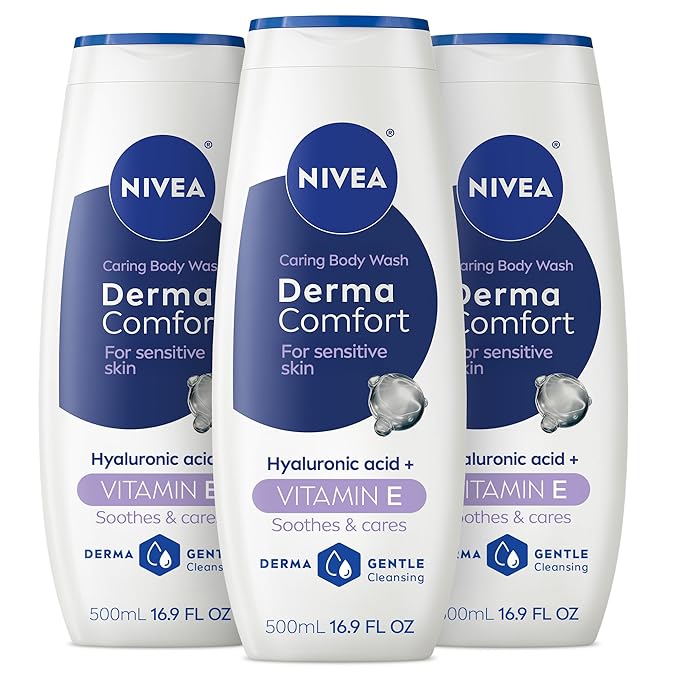 NIVEA Derma Comfort Caring Body Wash for Sensitive Skin, Body Wash with Hyaluronic Acid and Vitamin E, 16.9 Fl Oz Bottle, Pack of 3