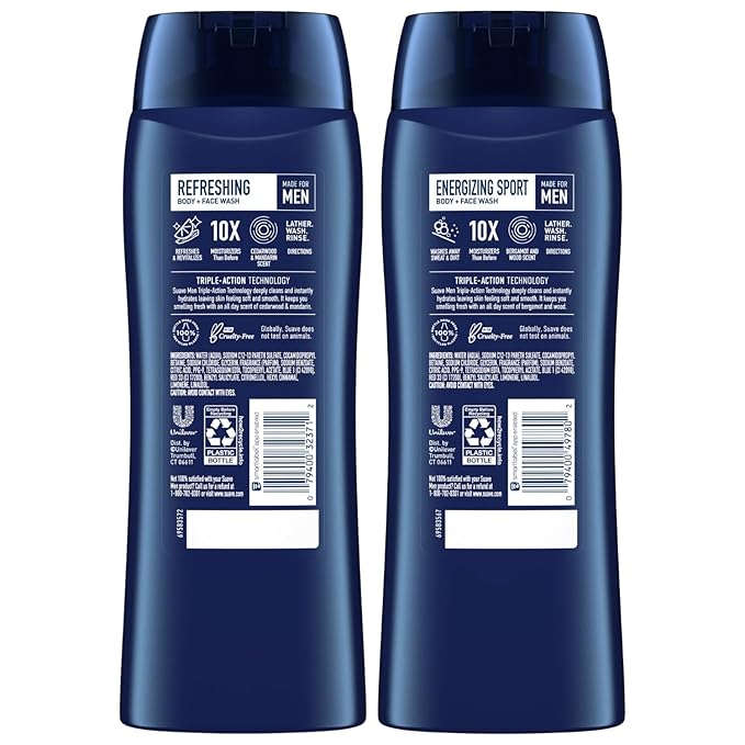 Suave Men Body Wash Variety 2-Pack – Refreshing Body + Face Wash, Cedarwood & Mandarin + Energizing Sport Body + Face Wash, Bergamot & Wood, 18 Oz Ea