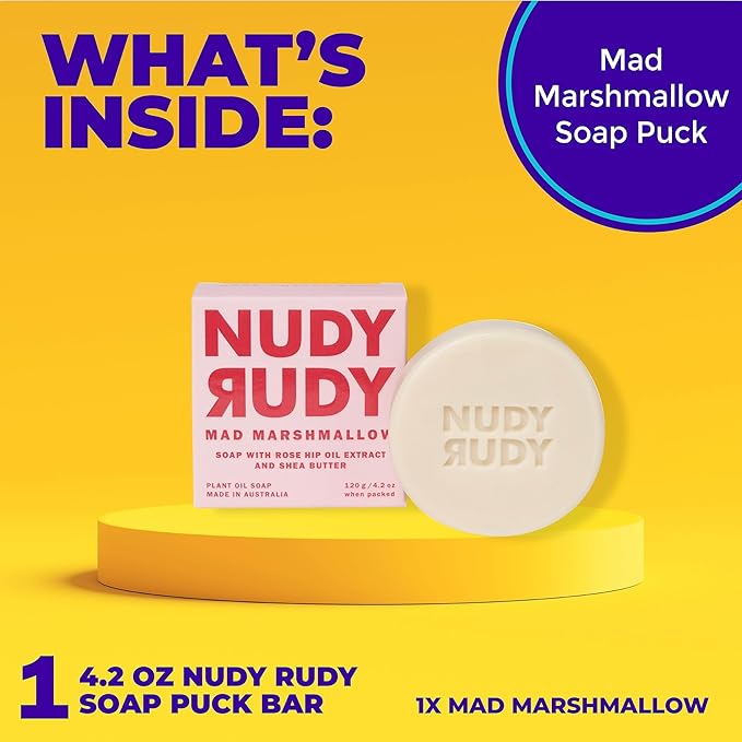 Nudy Rudy Mad Marshmallow Soap Bar Puck, Made with Organic Shea Butter and Rose Hip Oil, Triple Milled Bar, No Harsh Ingredients, All Skin Types, 4.2 oz, Made in Australia