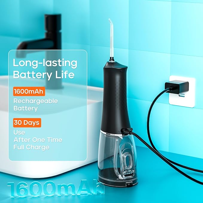 SEAGO Water Dental Flosser Cordless for Teeth, 5 Modes and 7 Nozzles, Dental Water Flosser 300mL, DIY Mode Memory Function, IPX7 Waterproof Dental Flosser, SG8019 Black