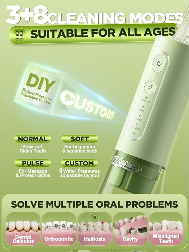 WELLFINE Water Dental Flosser Teeth Pick - 4 Modes Cordless Oral Irrigator 300ML Portable Rechargeable IPX7 Waterproof Powerful Battery Life Water Dental Piks for Cleaning for Home Travel (Green)