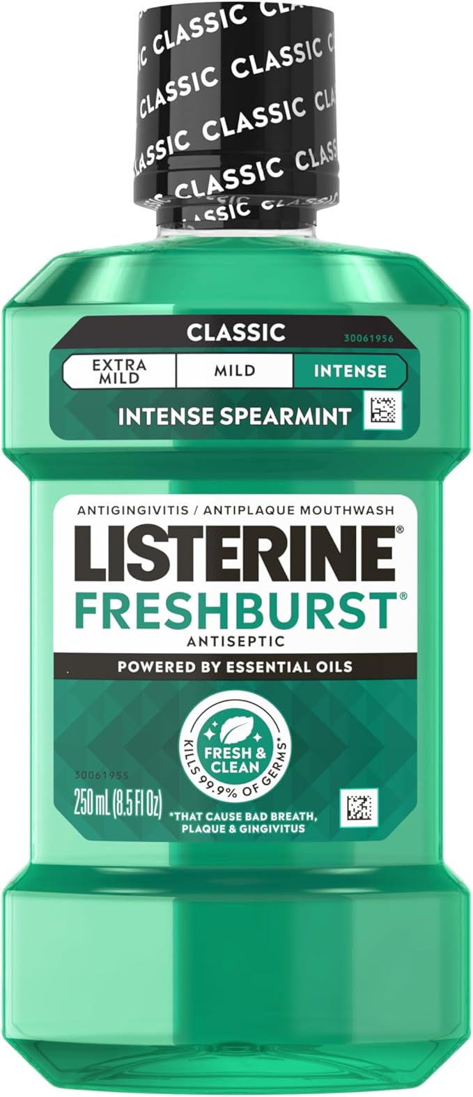 Listerine Freshburst Intense Antiseptic Mouthwash for Bad Breath, Kills 99.9% of Germs that Cause Bad Breath & Fight Plaque & Gingivitis, ADA Accepted Mouthwash, Intense Spearmint, 250 mL