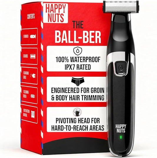 HAPPY NUTS The Ballber™ Electric Body Hair Trimmer for Men - Mens Body Groomer Kit for Privates - IPX7 Waterproof Shaver for Hard to Reach Areas