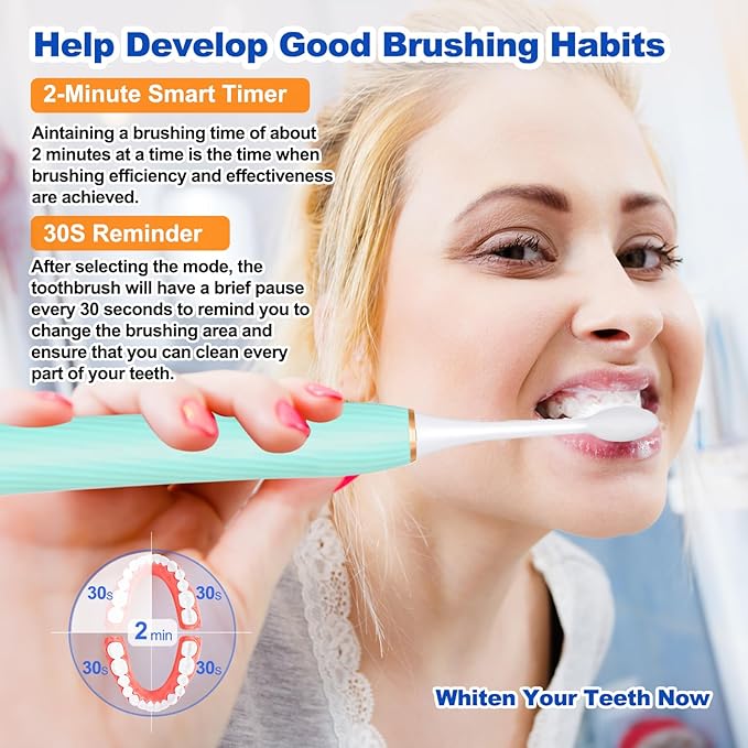 FXQQZZ Electric Toothbrush for Adults and Kids, with Tongue Scraper and Travel Case, 8 Brush Head, Smart Timer & 4 Modes Rechargeable Toothbrush, 42000 VPM Deep Clean, One Charge Last 90 Days -Blue