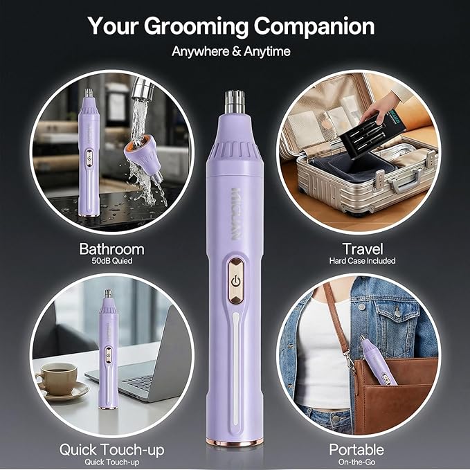 Rechargeable Nose Hair Trimmer - 4-in-1 Ear Eyebrow Beard Grooming Kit for Men & Women, Waterproof Quiet Motor, Type-C Fast Charging, Portable Travel Size Nose Trimmer Beard Trimmer (Purple)