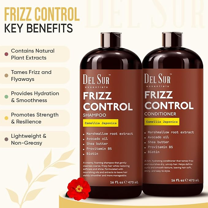 DEL SUR Frizz Control Shampoo and Conditioner Set | 16 fl oz Each | with Camellia Japonica, Shea Butter & Avocado Oil | Smoothing & Anti Frizz for Curly, Wavy & Straight Hair