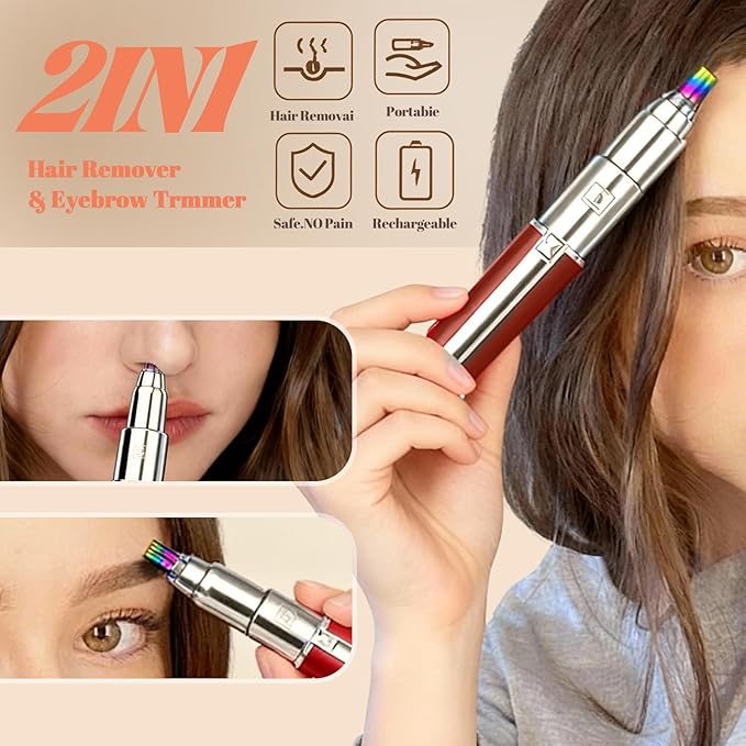 Precision Eyebrow Trimmer for Women 2-in-1 Electric Razor for Flawless Brows & Nose Hair, Portable Waterproof Eye Brow Razors, Painless Grooming Tool, Rechargeable & USB Charging, Red