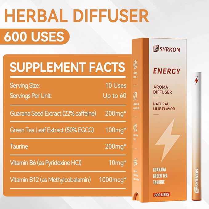 Herbal Diffuser Pen, Natural Energy Boost & Focus Support, Lime Flavor, Extracts of Guarana, Green Tea & Taurine, Vitamin B12 & B6, Natural Alternative - 600 Uses