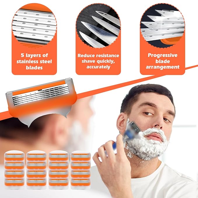 16 PCS Razor Blade Shaving Razor Blade Refills for Fusion 5, Mens Shaving Blades Refills-Orange New Version