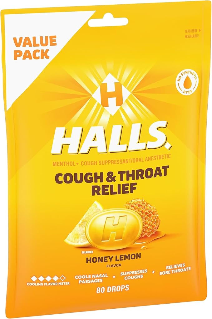 HALLS Relief Honey Lemon Cough Drops, Economy Pack, 80 Drops