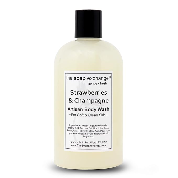 The Soap Exchange Body Wash - Strawberries & Champagne Scent - Hand Crafted 12 fl oz / 354 ml Natural Artisan Liquid Soap for Hand, Face & Body, Shower Gel, Cleanse, Moisturize, Protect.