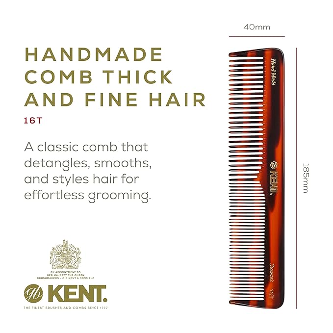 Kent 16T Tortoise Fine and Wide Tooth for Daily Grooming,Handmade Styling Comb for All Hair Types,Wet or Dry Hair Detangling Comb for Men and Women,Saw Cut Hand Polished,Made in England