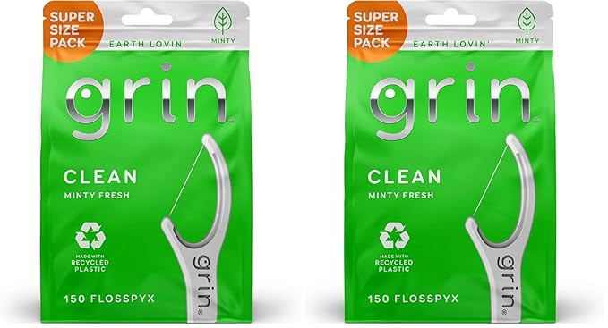 GRIN Clean Flosspyx, Floss Picks, 150 Count, Dental Flossers, Minty Flavor, Recycled Plastic, Super Strong Fine Floss, Tight Teeth, Premium Longer Floss Head, Includes Safe Fold-Back Tooth Pick