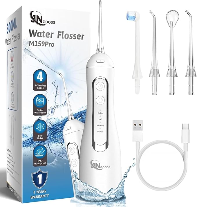 Cordless Water Dental Flosser Oral irrigator,JNGOODS 300ml Rechargeable Water flosser for Teeth IPX7 Waterproof 4 Modes Portable Oral Irrigator with 4 Jet Tips, Travel Home use (White)