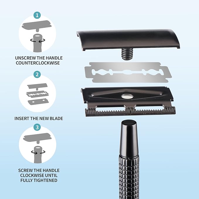 Gearhub Double Edge Safety Razor Reusable Stainless Metal Wet Shaving Razor with 10 Swedish Platinum Blades for Men Women Barber Bikini Armpit Hair, Matte Black GR131