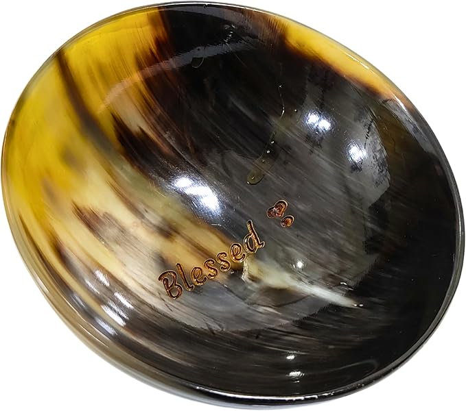Engraved (Blessed) Horn Bowl - Modern, Contemporary - 5' Round X 2' deep - Shaving Soap, Serving, Decorative - Yellow, Handcrafted from a Single Piece of Horn for Everyone