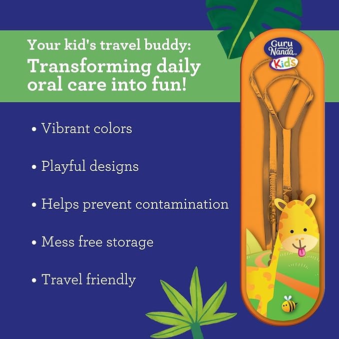GuruNanda Kids Tongue Scraper (6-Pack) with Travel Case, Stainless Steel, Aids in Fresh Breath - Travel-Friendly Tongue Cleaner (Green/Pink/Orange)