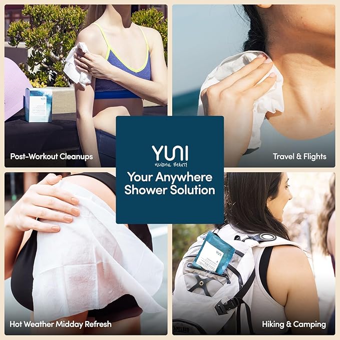 YUNI Beauty Large Body Wipes, Peppermint Citrus, 12 Count, Compostable, Biodegradable, No Rinse Body Cleanser, On-the-Go Shower Alternative