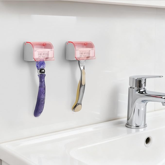 LUEXBOX 2 Pack Razor Holder with Cover for Shower Wall, Self Adhesive Razor Stand Shaver Organizer, Plastic Razor Hanger Hooks Compatible with Fusion 5 Proglide, Mach 3 Classic (Clear Pink)
