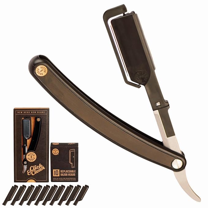 Patented Straight Edge Razors for Men, Close Shaving Razor for Beard with 10+1 Disposable Blade Heads, Easy to Use and Replace Single Edge Razor Blades, Professional and Home Use (Black)