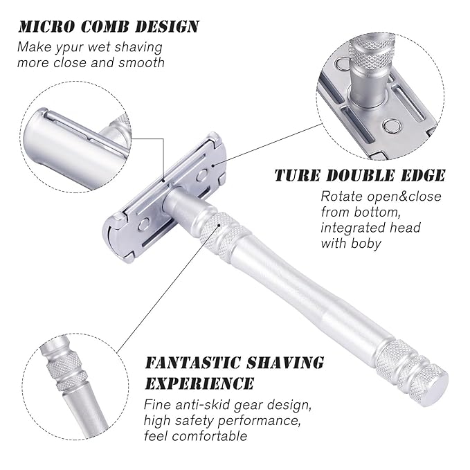 Men's and Women's Manual Razor Safety Razor with 10 Double Edge Blades, Double Edge Razor, Eco-Friendly, Smooth Close Shave, Plastic-Free, Easy to Carry for Traveling at Home (Silver + Base)