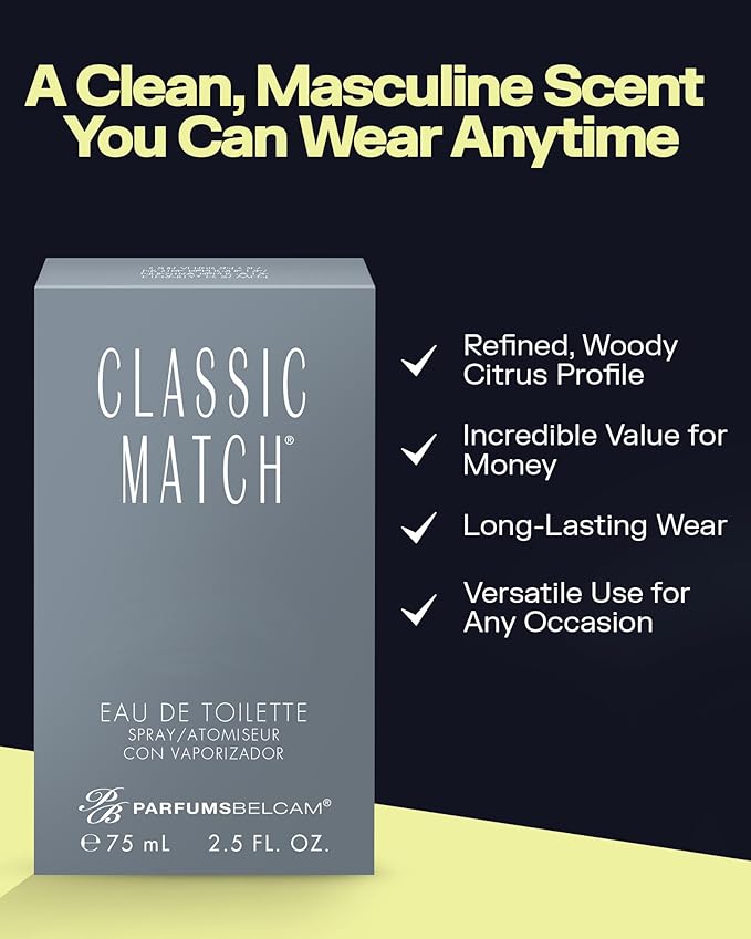 PB ParfumsBelcam Classic Match CM Eau De Toilette Spray, Fresh and Elegant Fragrance for Men, Woody and Floral Notes, Long-Lasting Scent, Men’s Cologne for Everyday Wear, 2.5 Fl Oz