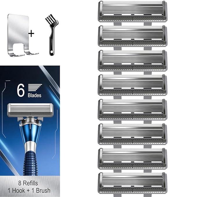 6-Blade Razor Refill Cartridges 8 Count, Professional Razor Blades for Men with Lubricating Strip, Wall Hook & Cleaning Brush Included for Smooth Shaving with Matching Handle