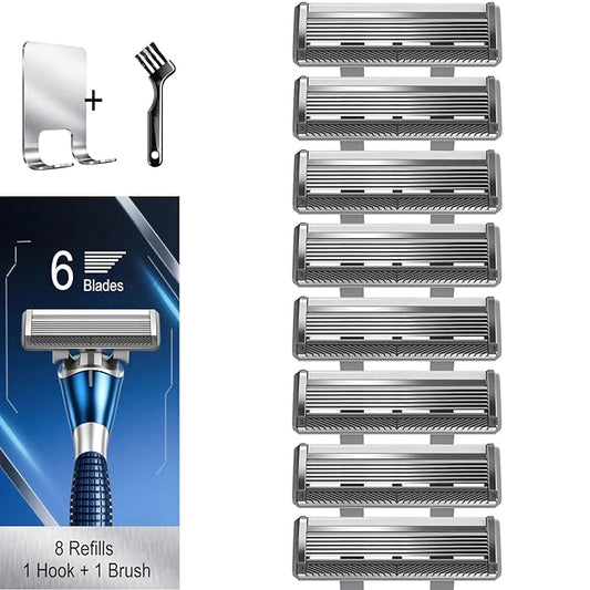 6-Blade Razor Refill Cartridges 8 Count, Professional Razor Blades for Men with Lubricating Strip, Wall Hook & Cleaning Brush Included for Smooth Shaving with Matching Handle