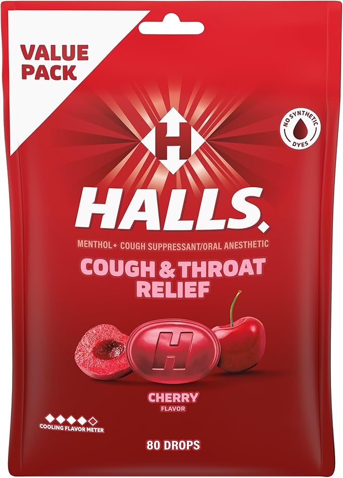 HALLS Cough and Throat Relief Cherry Cough Drops, Value Pack, 80 Drops