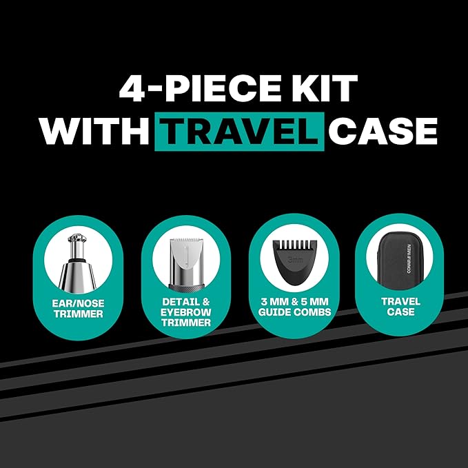Conair Men Ear, Nose and Eyebrow Trimmer, Patented 360° Bevel Blade for No Pulls, Nicks or Cuts Guaranteed, Nose Hair Trimmer for Men, Non-Slip Grip, 5-Piece Kit with Travel Case