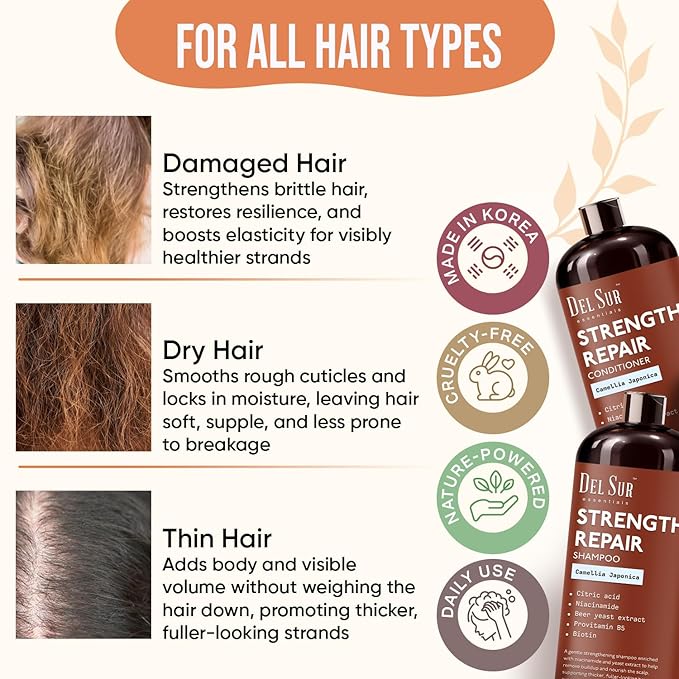 DEL SUR Hair Strengthening Shampoo and Conditioner Set | 16 fl oz Each | with Camellia Japonica, Niacinamide, Provitamin B5 & Biotin | Repair & Hydration for Dry, Weak Hair