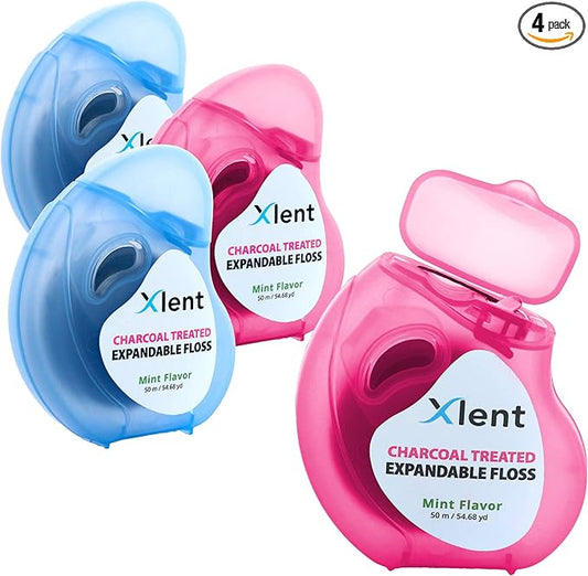 Expandable Floss Treated with Activated Charcoal with Xylitol and Natural Plant Based Wax |Fresh Mint Flavor | 50 Meter (4 Count)