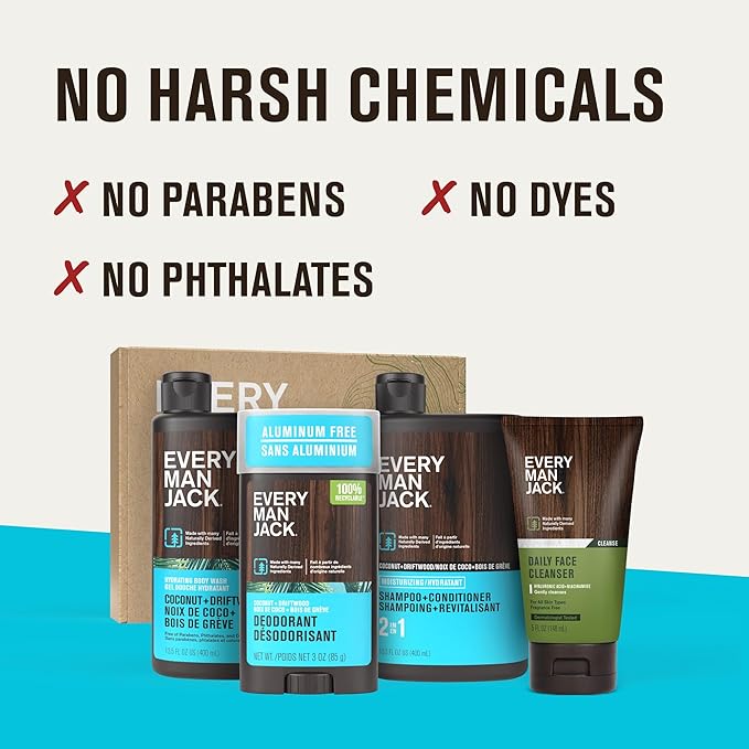 Every Man Jack Men's Bath and Body Gift Set - Coconut + Driftwood Scent - Clean Ingredients - Includes Hydrating Body Wash, 2-in-1 Shampoo, Aluminum-free Deodorant & Face Wash