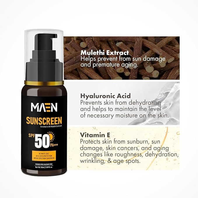 M-EAEN, Sunscreen For Men | Sunscreen Spf 50 Pa+++ With Mulethi Extract | For Dry & Oily Skin | 50ml