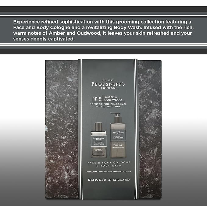 Pecksniff's Face & Body Duo Amber & Oud Wood – Men’s Grooming Gift Set with 100ml Face & Body Cologne and 250ml Body Wash – Luxury Fragrance Collection, Made in England