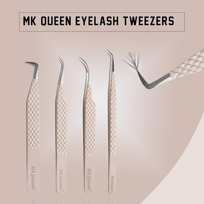 Lash Tweezers - Stainless Steel Fiber Tip Eyelash Tweezers (Set of 4) - Diamond Grip Professional Lash Tweezers for Eyelash Extensions (Beige)