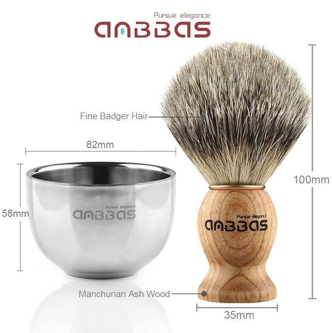 Anbbas Pure Badger Shaving Brush with Wood Handle and Shaving Bowl 2 Layers Stainless Steel,Black Acrylic Thicken Shaving Stand for DE Razor