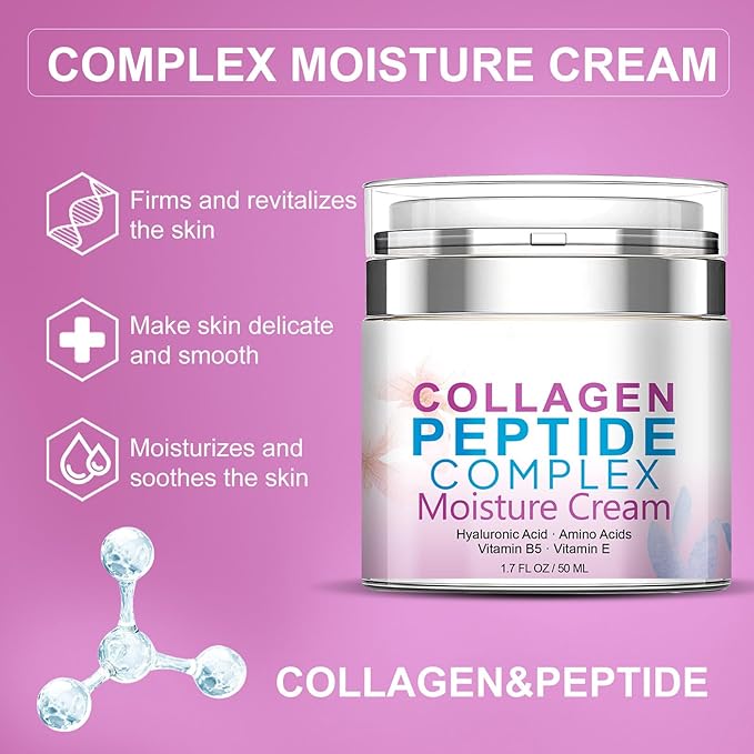 Collagen Peptide Complex Moisture Cream with Hyaluronic Acid and Vitamin B5 - Skin Tightening Firming - Anti Aging Face Wrinkle Cream, Day & Night Moisturizing Facial Cream -1.7oz