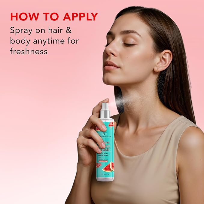 Botanic Hearth Watermelon Hair Perfume & Body Perfume Mist with Hyaluronic Acid, Alcohol-Free, Refreshing & Hydrating Body Spray, Long Lasting Fruity Fragrance, 100 ml / 3.4 fl oz